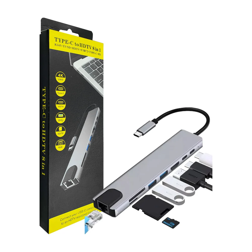 Hub Adaptador C a 8 Puertos Usb 3.0 (2) Hdmi (01)+ puertos C (2) + SD (01)+ TF(01) + Ethernet