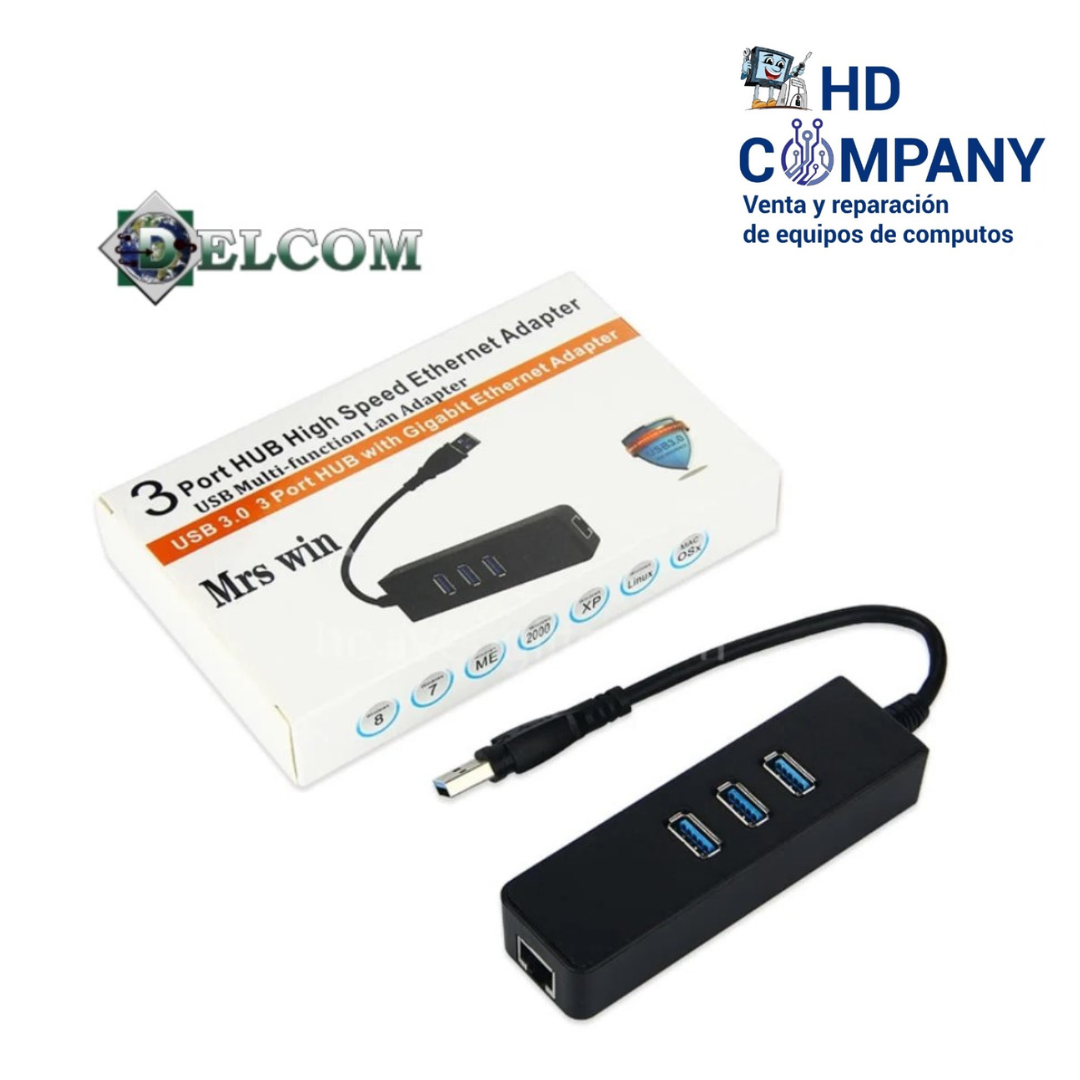 Hub Adaptador USB a 3 Puertos Usb 3.0 + Ethernet| DELCOM caja blanca